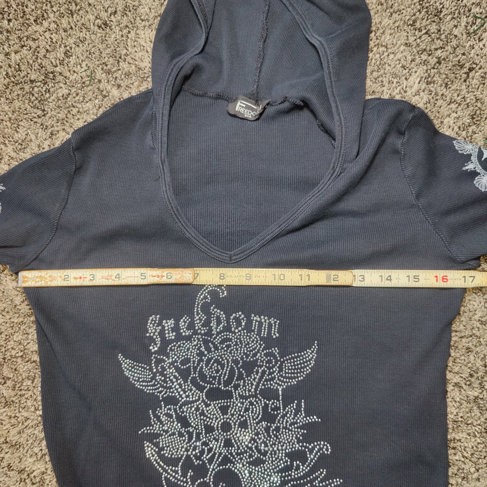 Vintage Freedom Hooded Tshirt Y2K 90s Rock Grunge Retro Rhinestone Biker Women L