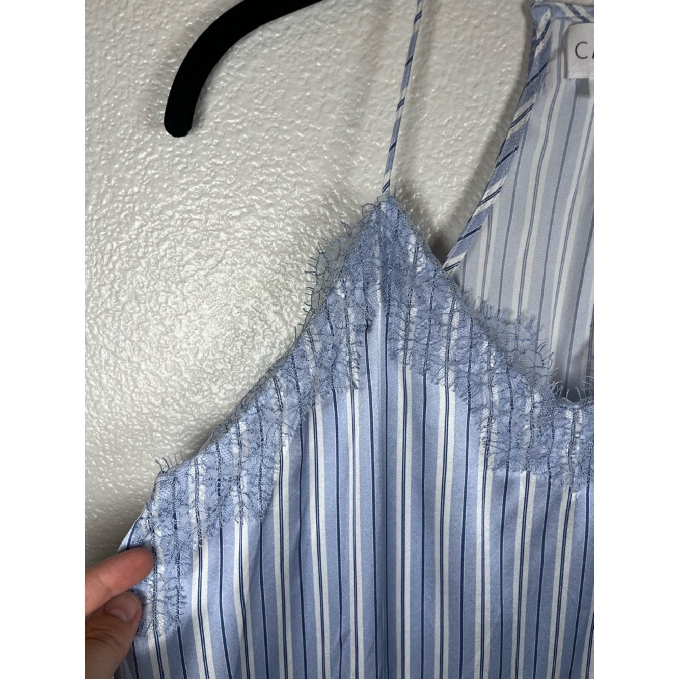 Cami NYC The Racer 100% Silk Lace Trim Camisole Blue & White Pinstripe MD