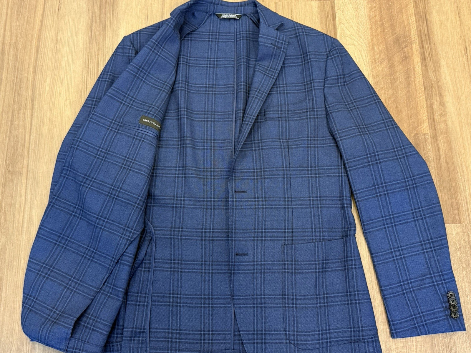 Saks Fifth Avenue 40R Blue Windowpane Wool Sport Coat Blazer 2 Button