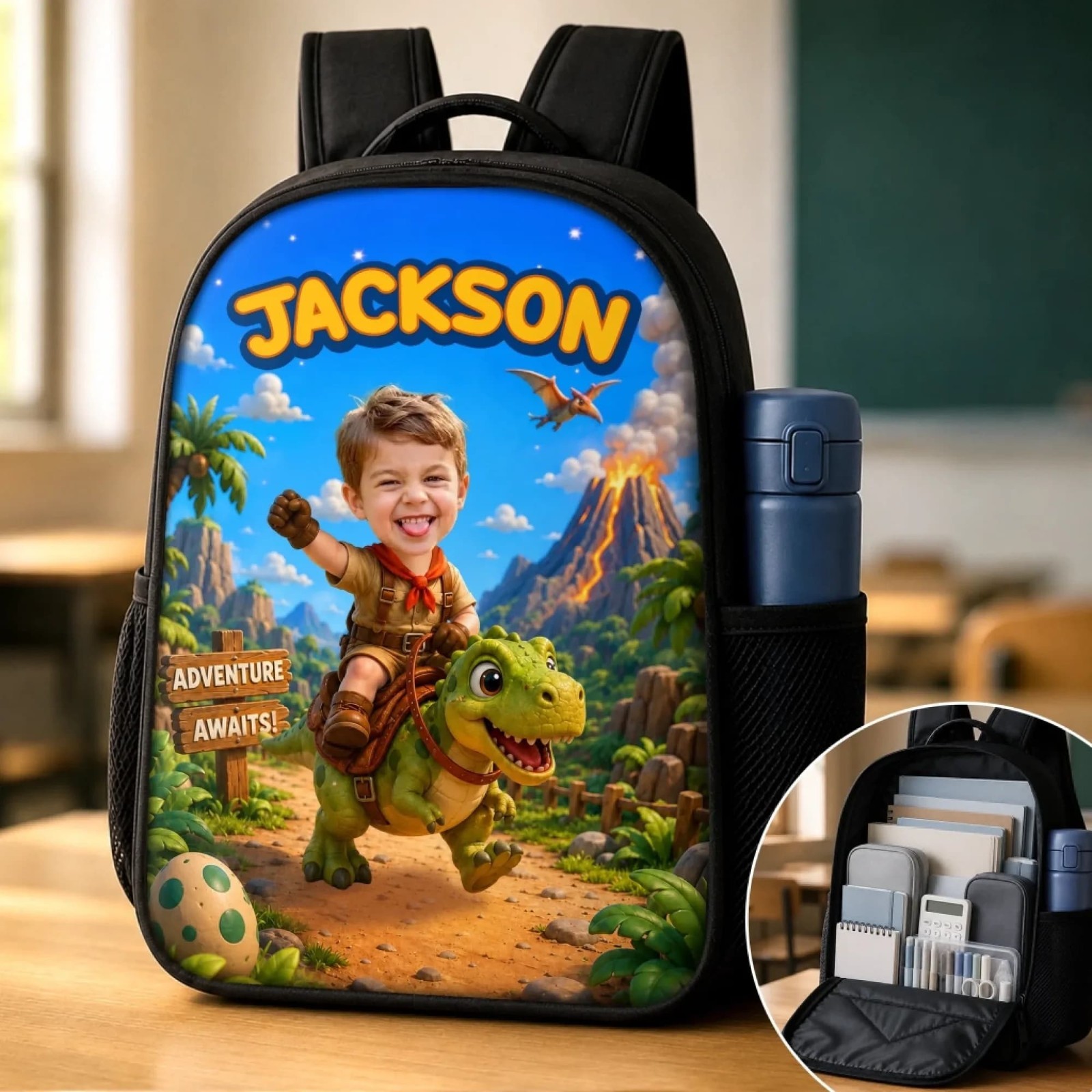 Kids Dinosaur School Backpack, Personalized Photo Book Bag,Custom Back to School
