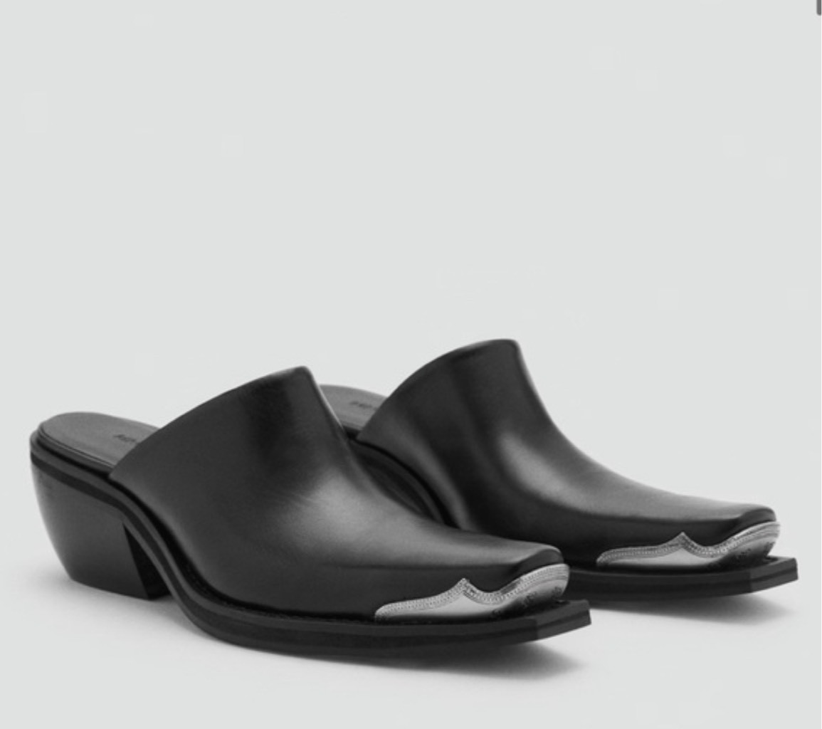 MNG Mango $219 Black Leather Western Mule Metallic Toe Womens 37 NEW