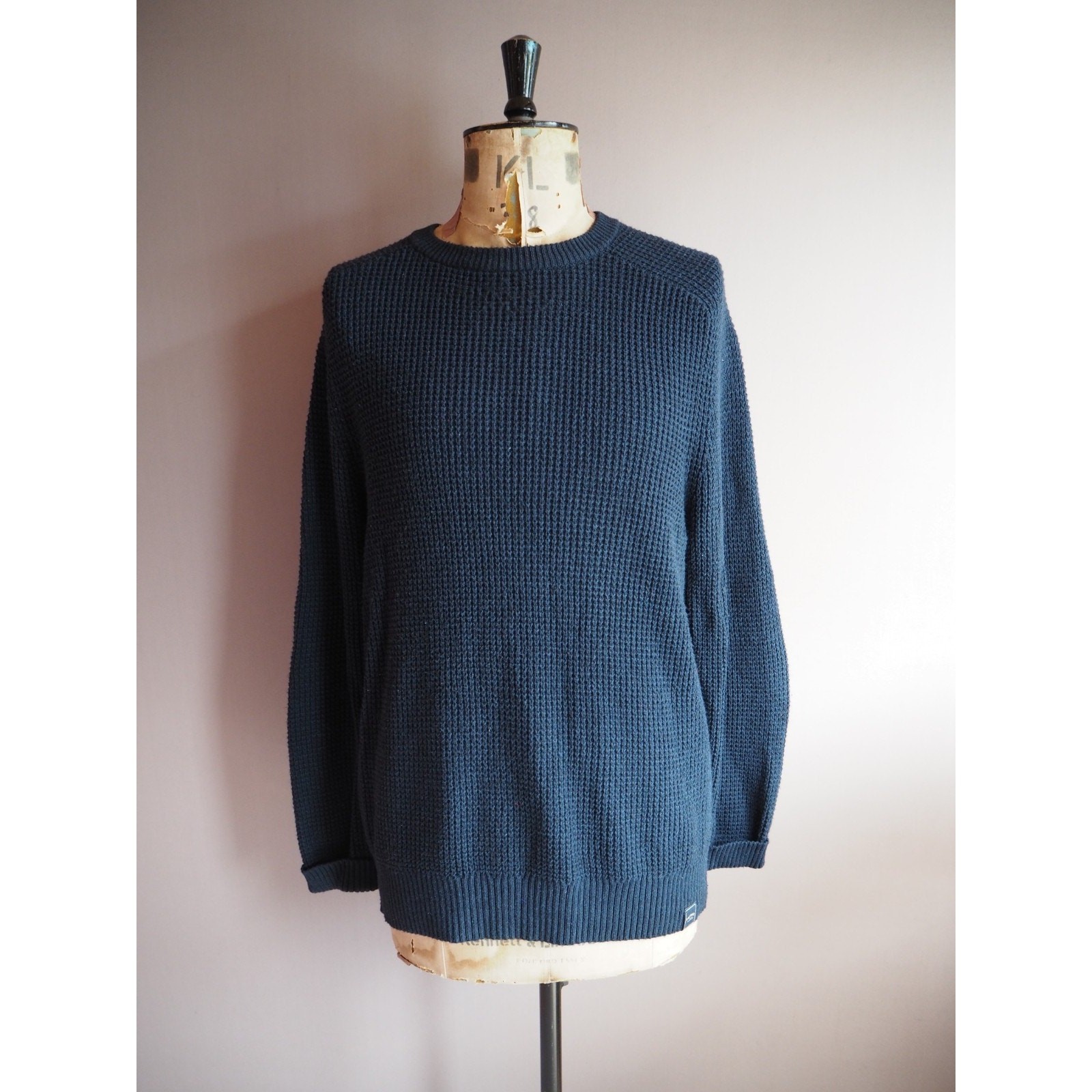 Fat Face Jumper Mens Size L Navy Cotton Wool Blend Knit Fisherman