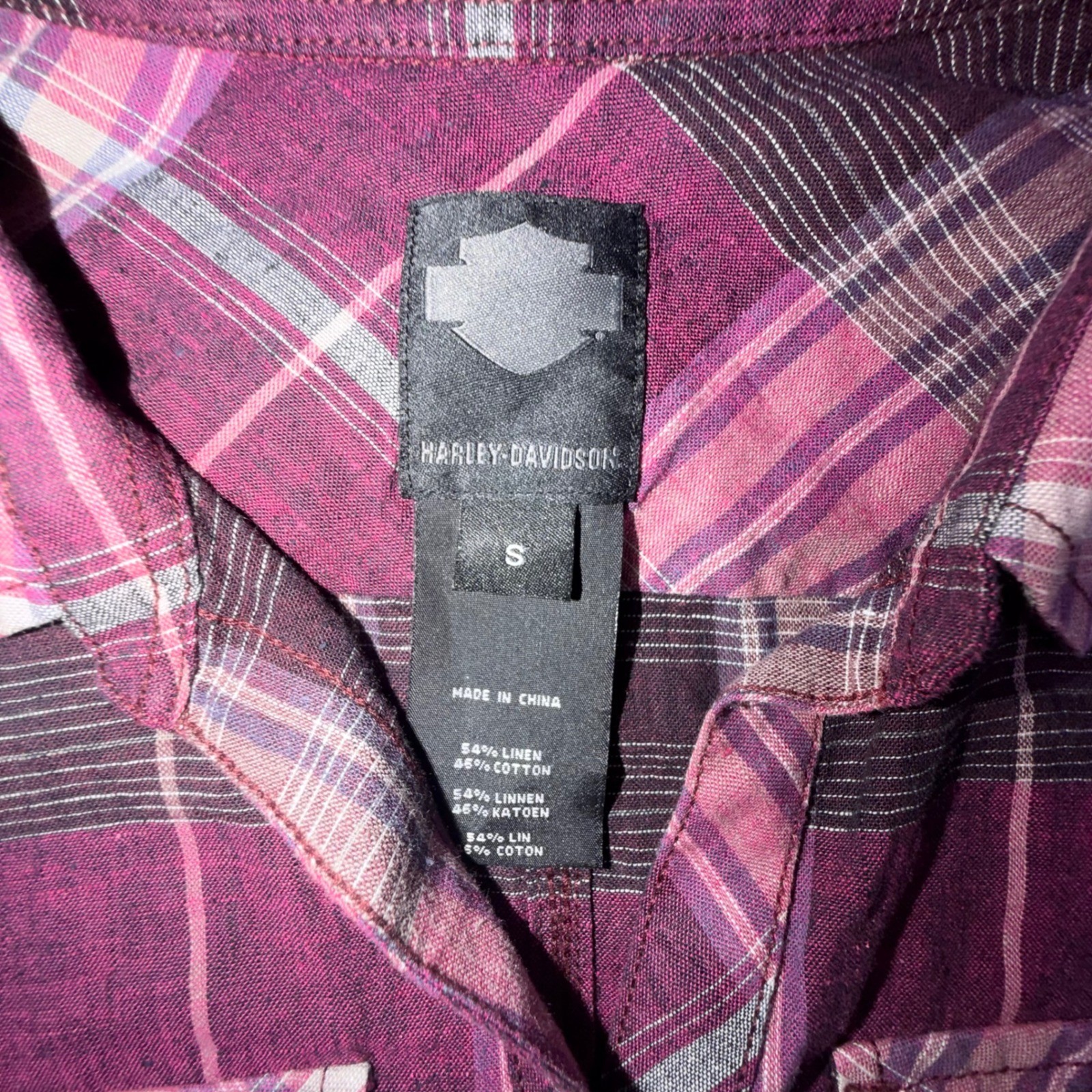 Harley-Davidson Womens Small Purple Plaid Linen Blend Roll Tab Button Down Shirt
