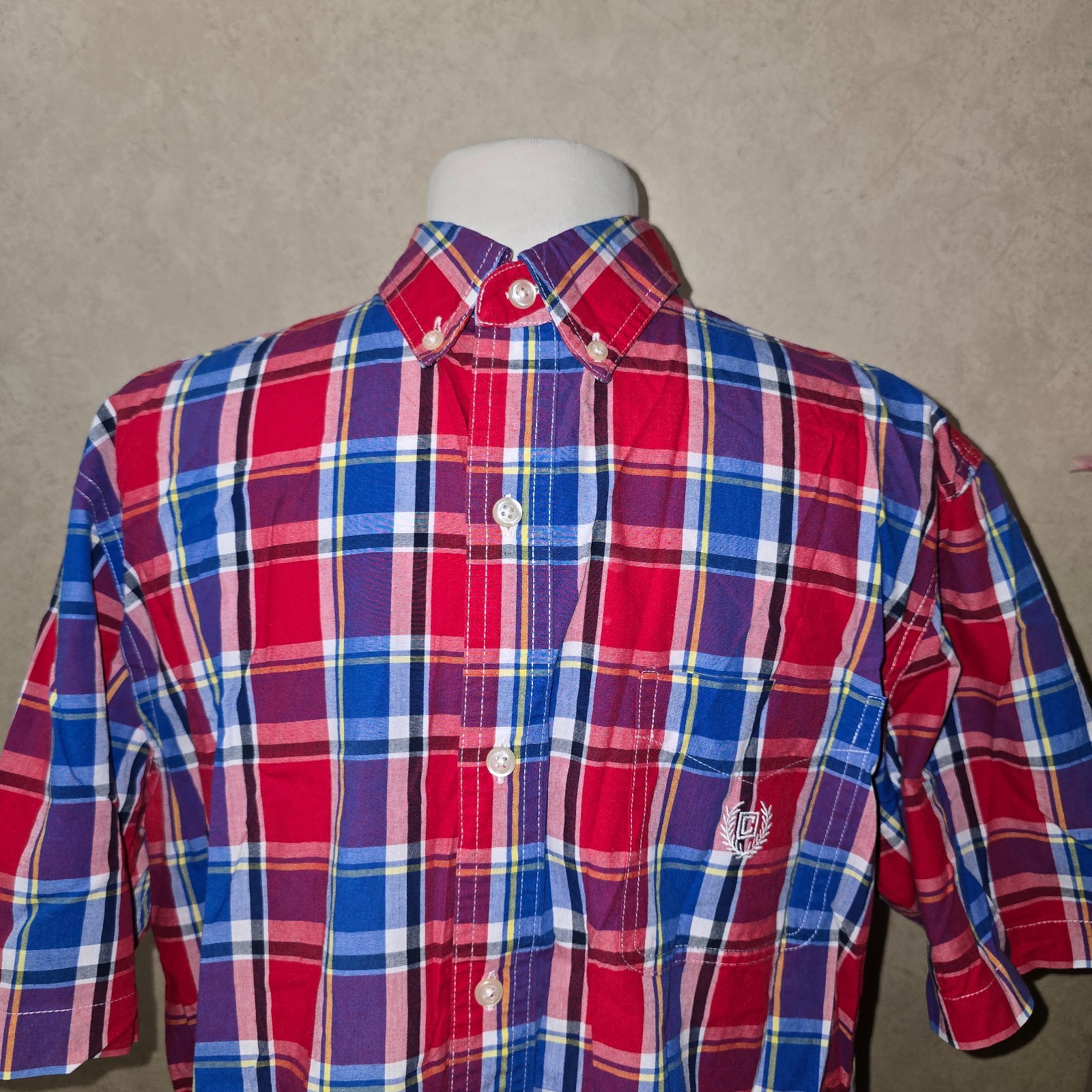 Chaps Red & Blue Short Sleeve Collared Plaid Button Down Top For Men Size L