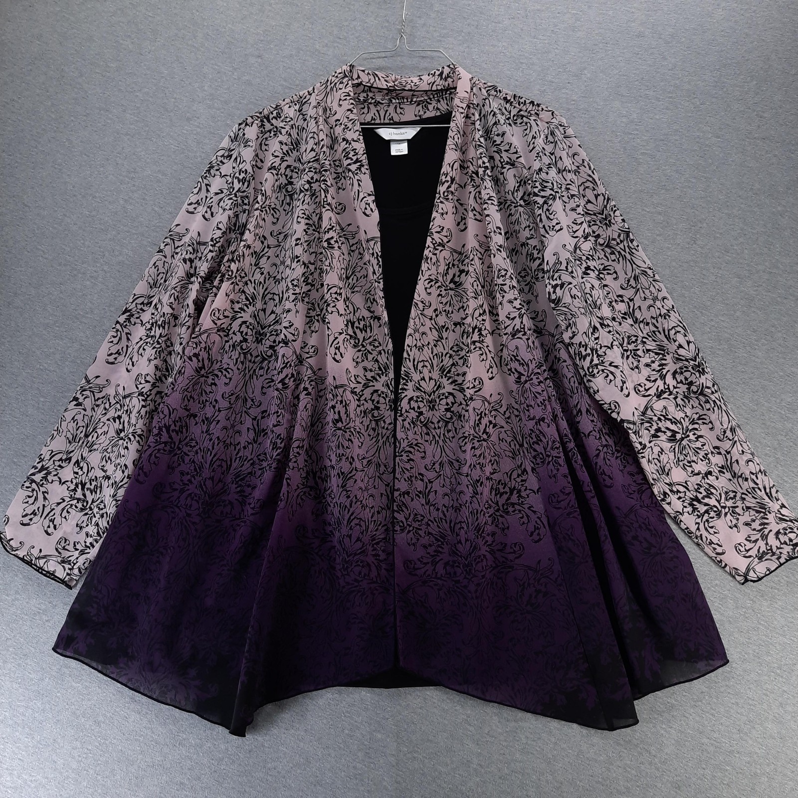 CJ Banks Cardigan Top Womens 1X Purple Ombre Open Front Sheer Damask Twofer