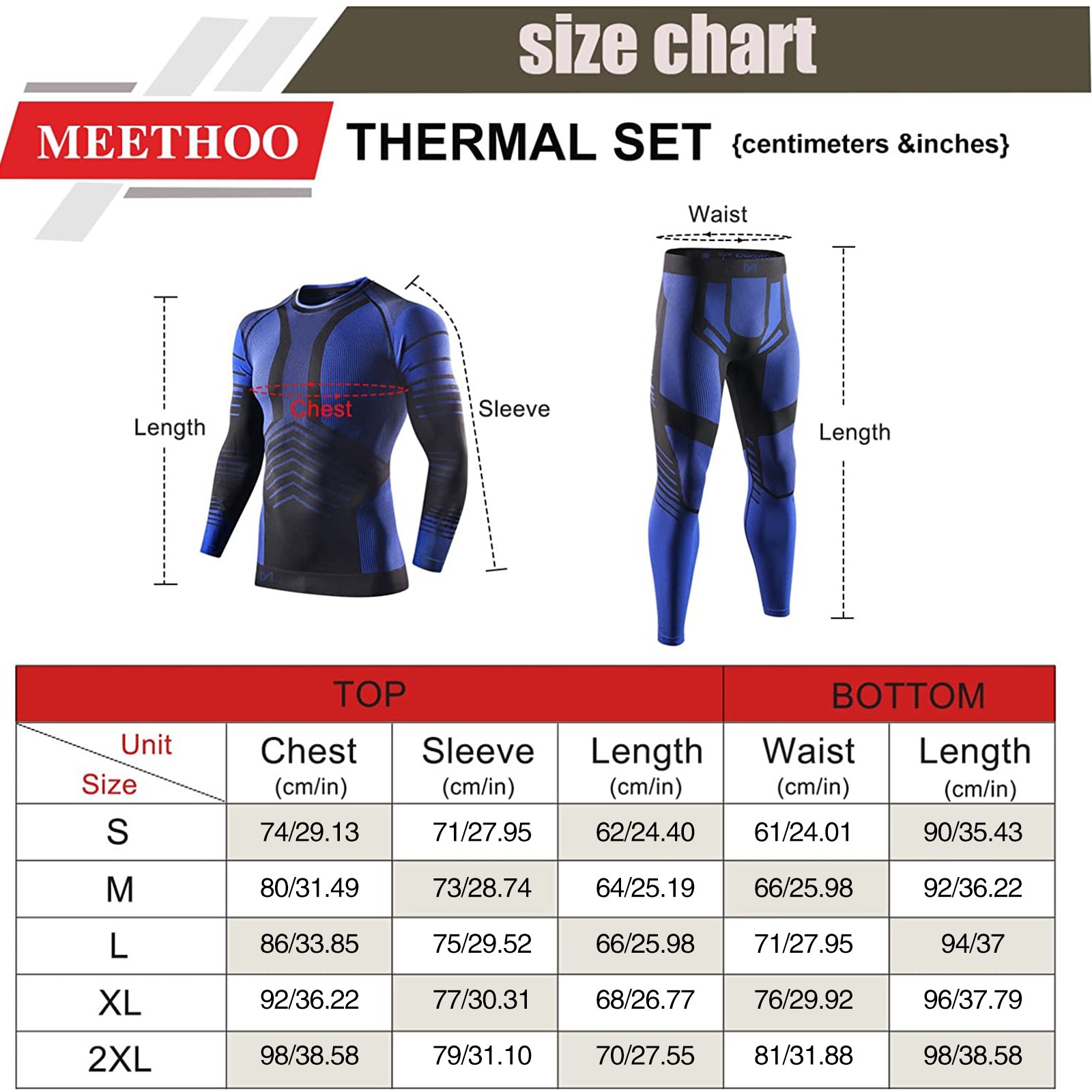 Mens Thermal Long Johns Compression Base Layer Top & Bottom Set Blue Small Size
