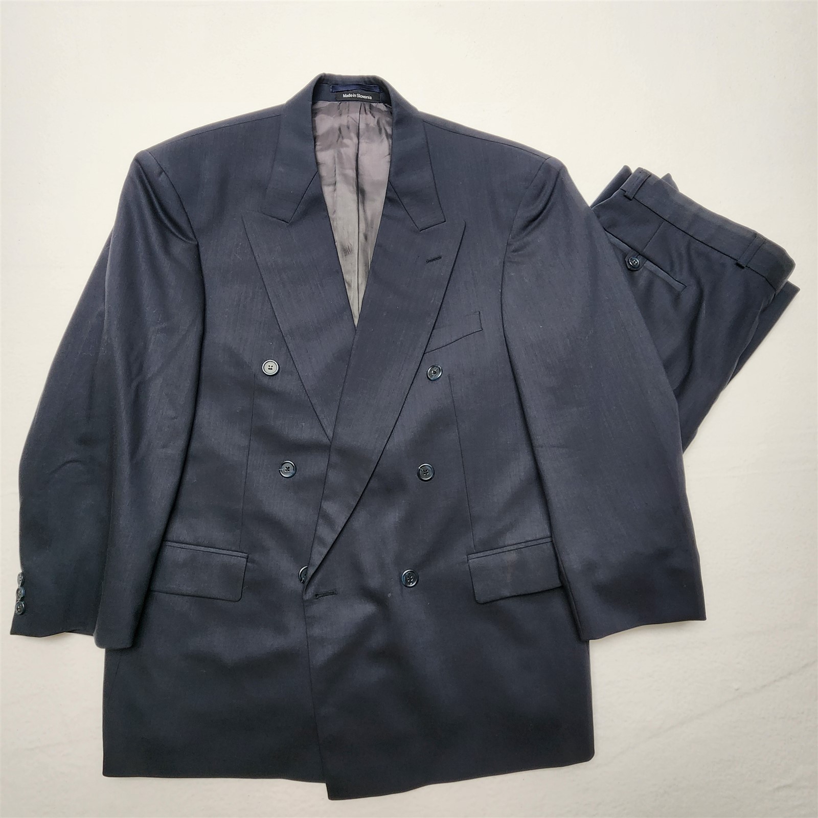 Vtg Old Money 42S 36×28 Dark Blue Gray 100% Wool Double Breasted Mens Suit