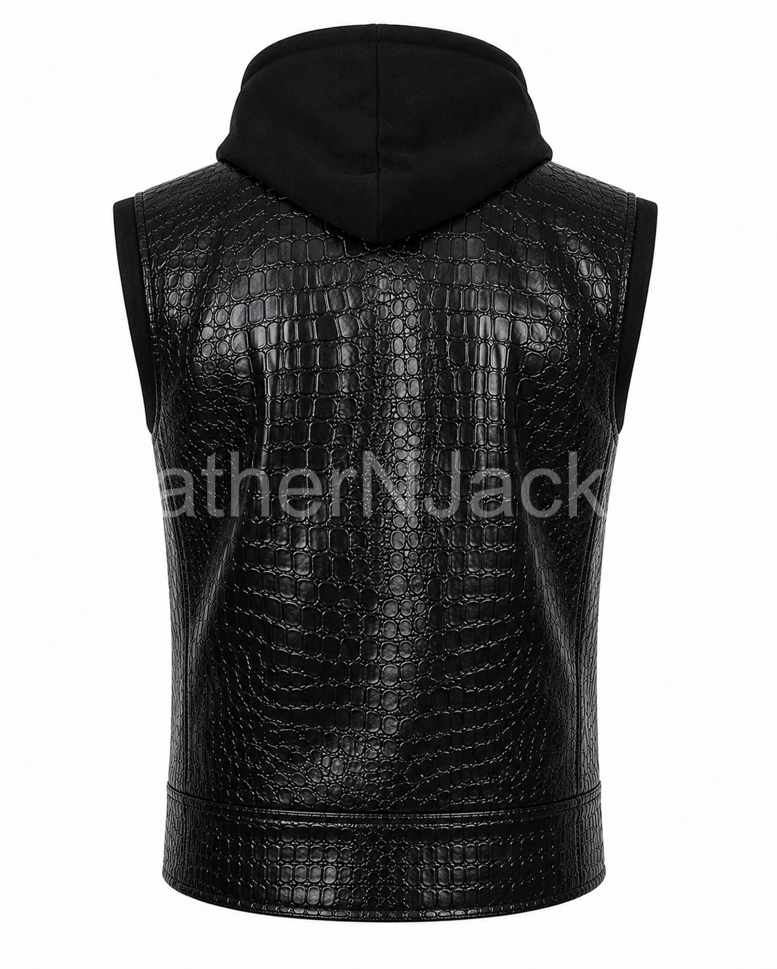 AJ Styles WWE Crocodile Textured Black Leather Hooded Wrestling Vest Jacket