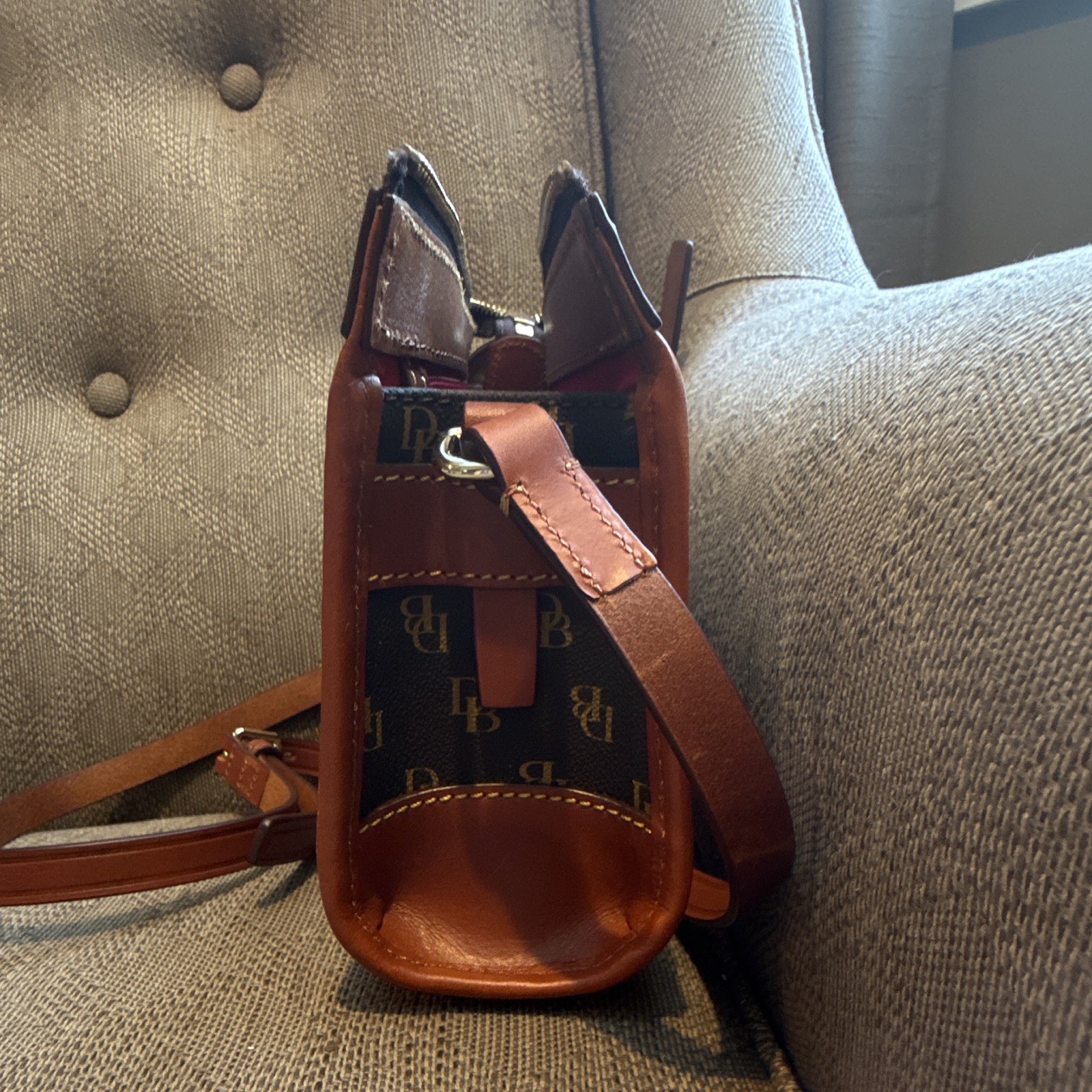 Dooney & Bourke Brown Logo Zip Crossbody, Gold Hardware, Adjustable Strap
