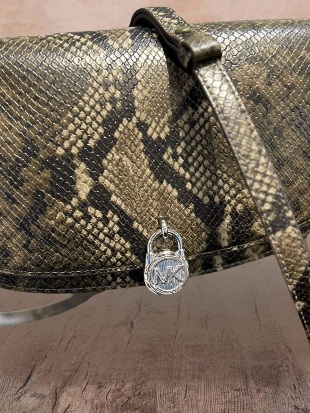 Michael Kors Mila Medium Women Snake Embossed Sling Messenger Bag Olive