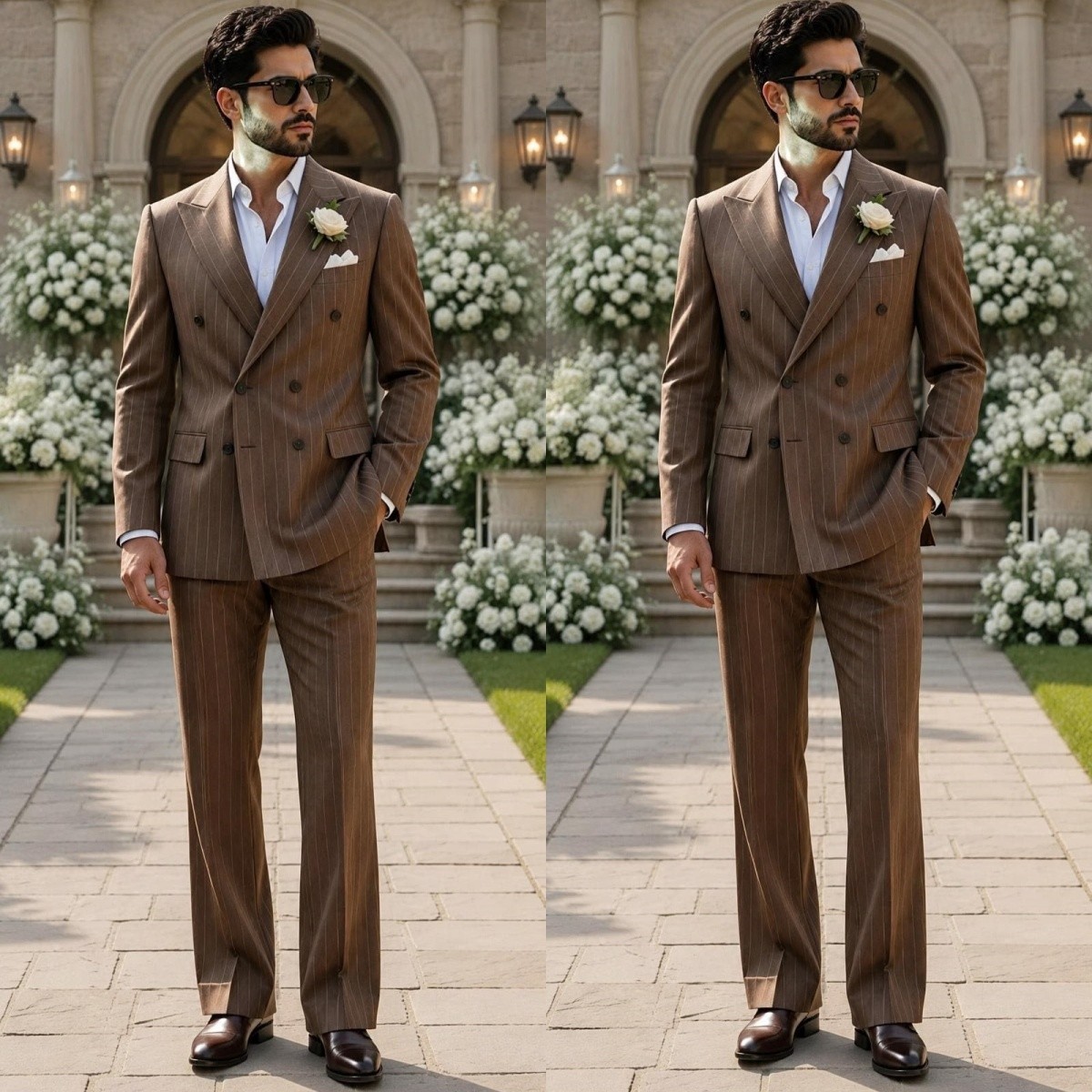 Brown Double Breasted Men Suits Striped Peak Lapel Jacket Business Workwear Coat