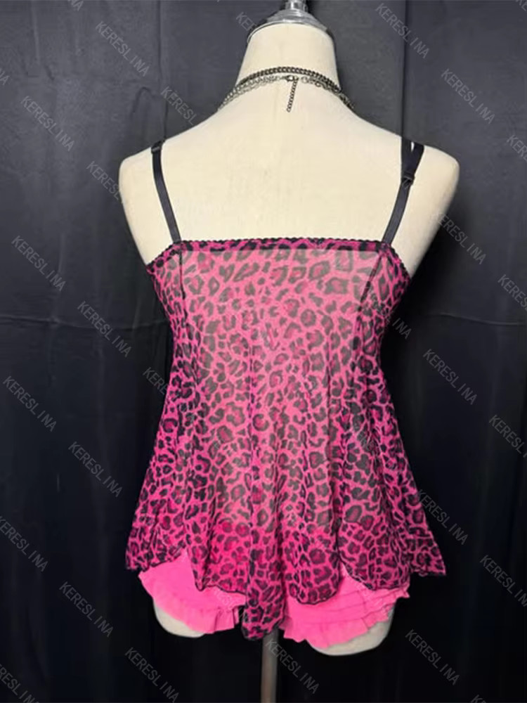 Womens Pink Leopard Print Tank Top Y2K Cami Ruffle Babydoll Lace Trim S-L