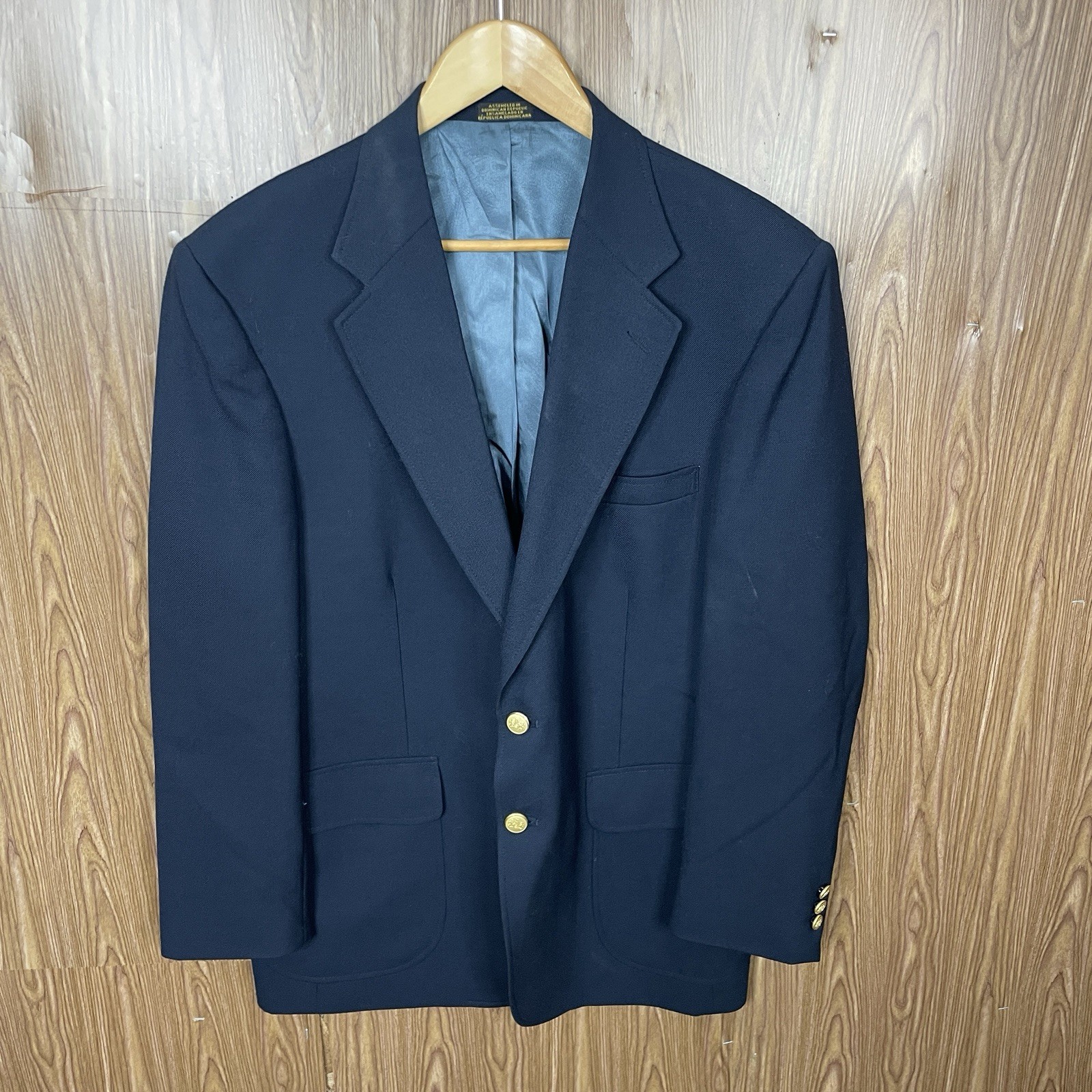 Stafford Blazer Jacket Mens 40R Blue Solid Polyester Worsted Wool Gold Buttons