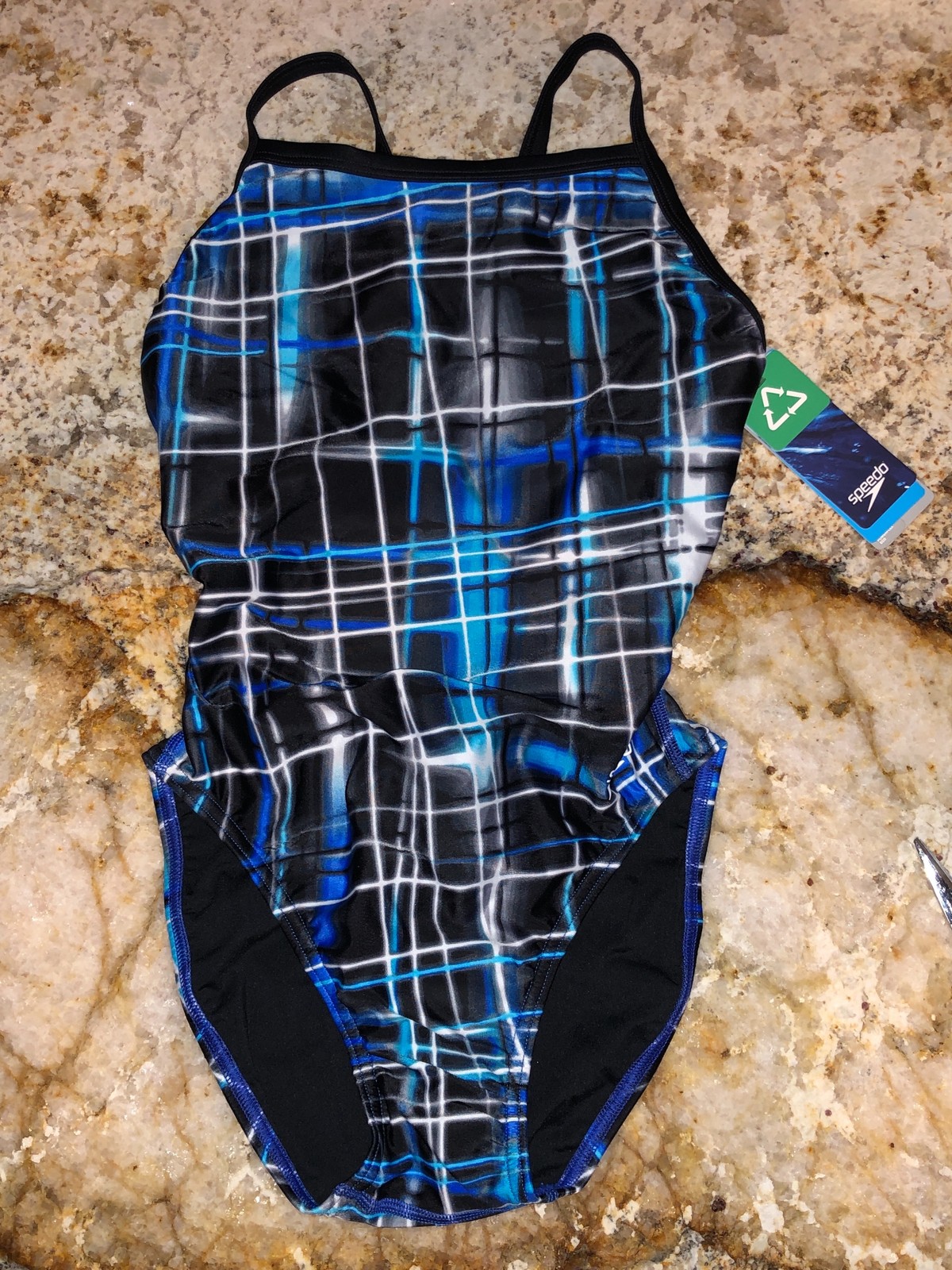 SPEEDO Laser Sticks Fly Back Black Blue White Swim Suit Womens 2 28 30 6 32 8 34