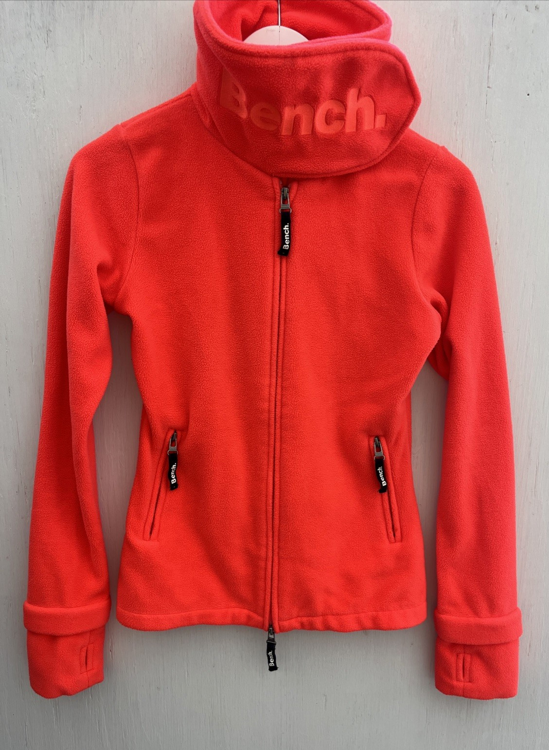 BENCH Vibrant Orange Logo Mock Neck Full Zip Fleece Jacket Pockets Women Size M