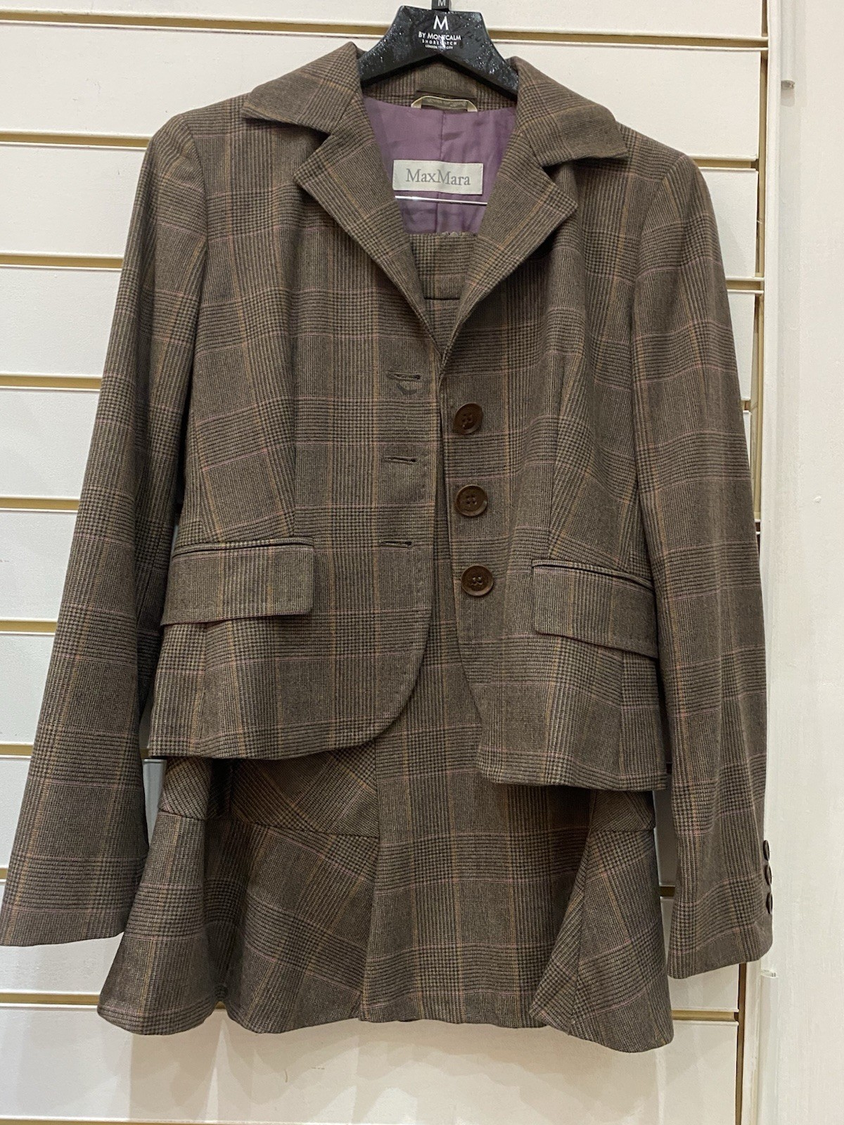 Max Mara Brown Check Tweed Virgin Wool Blend 2-Piece Skirt Suit Lined GB 8