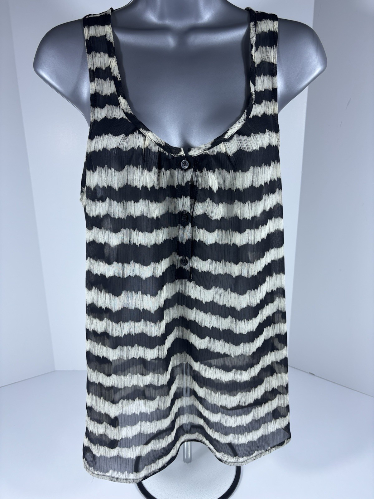 Aqua Womens Small Striped Racerback Tank Top Black Ivory Button Front Sheer