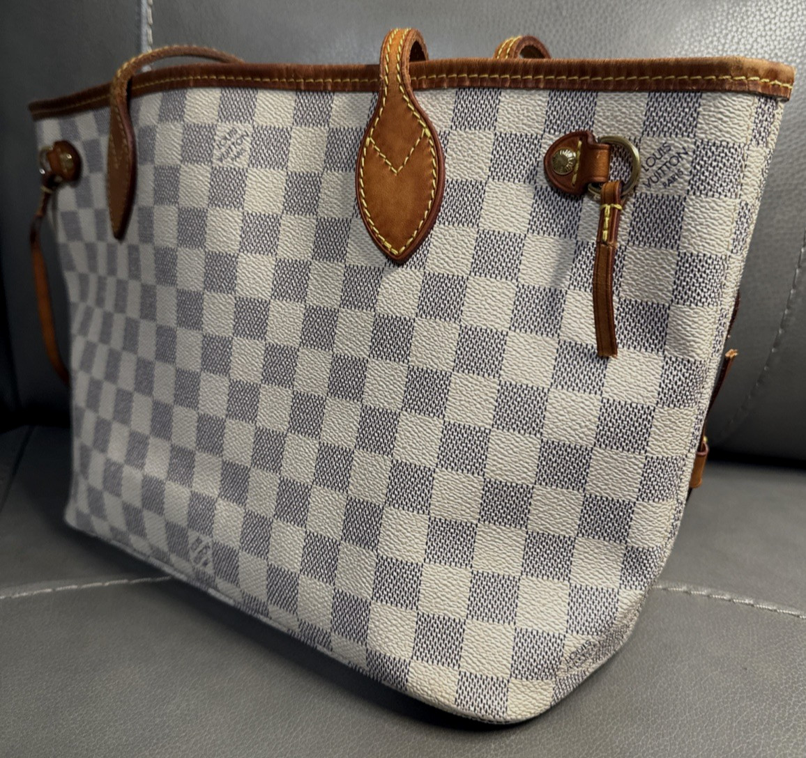 Authentic Louis Vuitton Neverfull PM Damier Azur Canvas Tote Shoulder Bag
