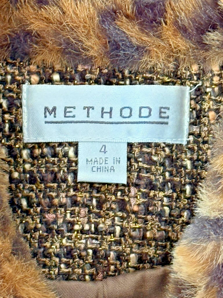 Methode Faux Fur Cheetah Leopard Brown Gold Tweed Fringe Blazer Jacket 4