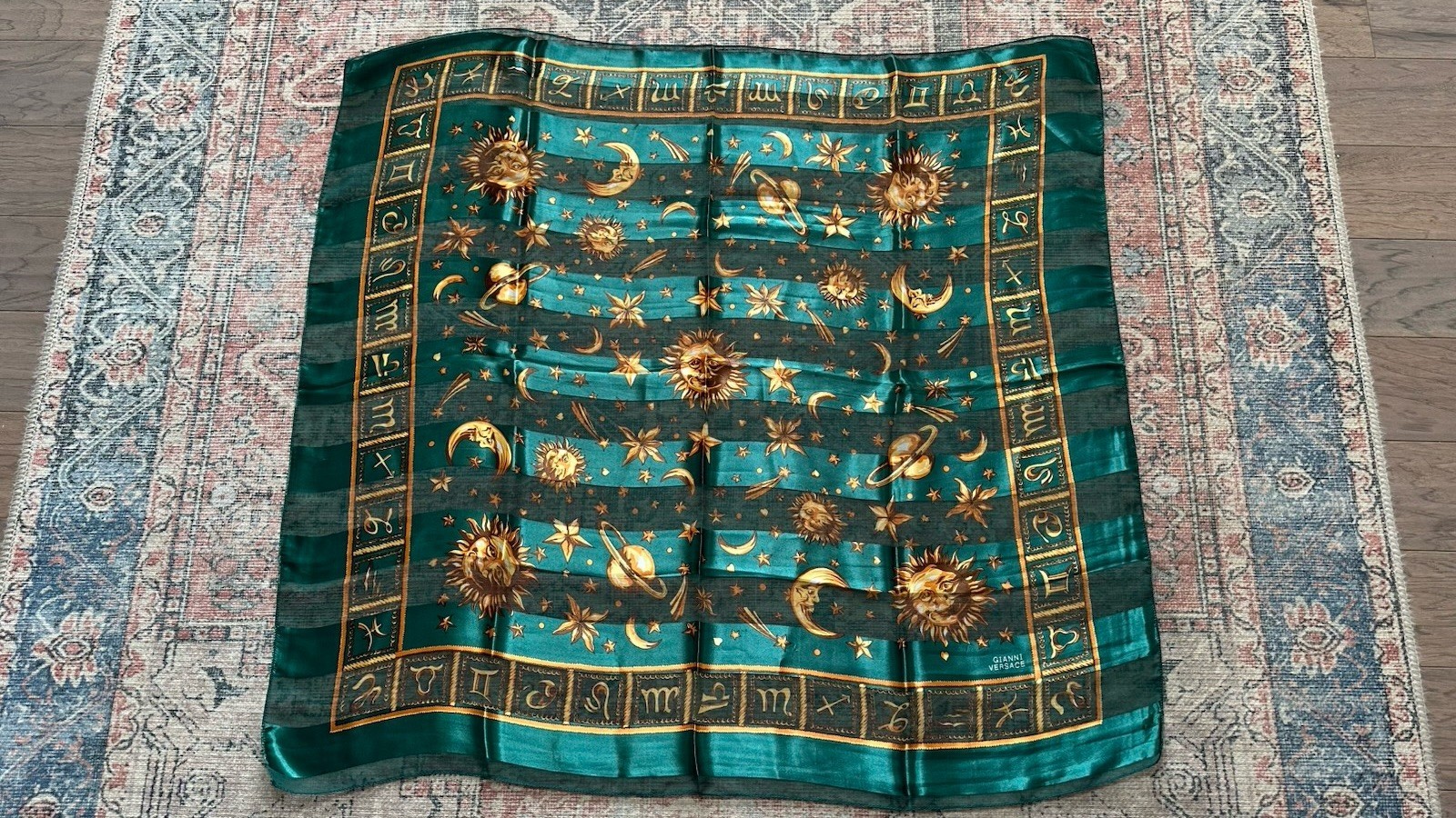 Gianni Versace Silk Astrological Square Scarf Green Gold Celestial Logo