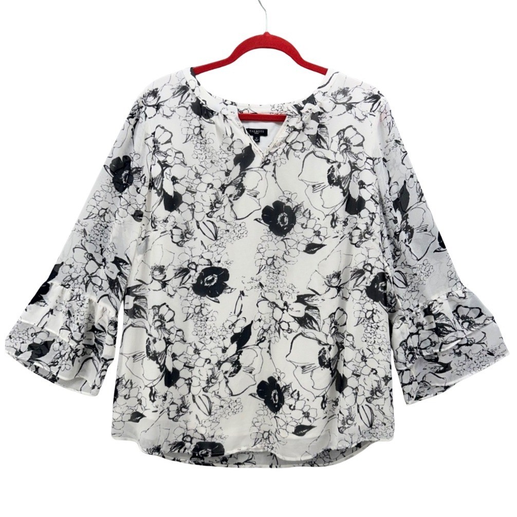 Talbots Womens Blouse Size X Fairy Flowy Boho Black Cream Sheer Bell Sleeve