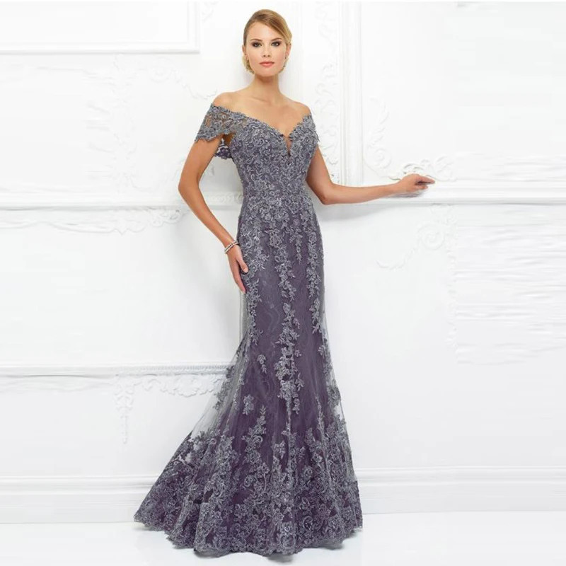 Old Lavender Lace Mother of the Bride Dresses Mermaid OffShoulder Sleeve Wedding