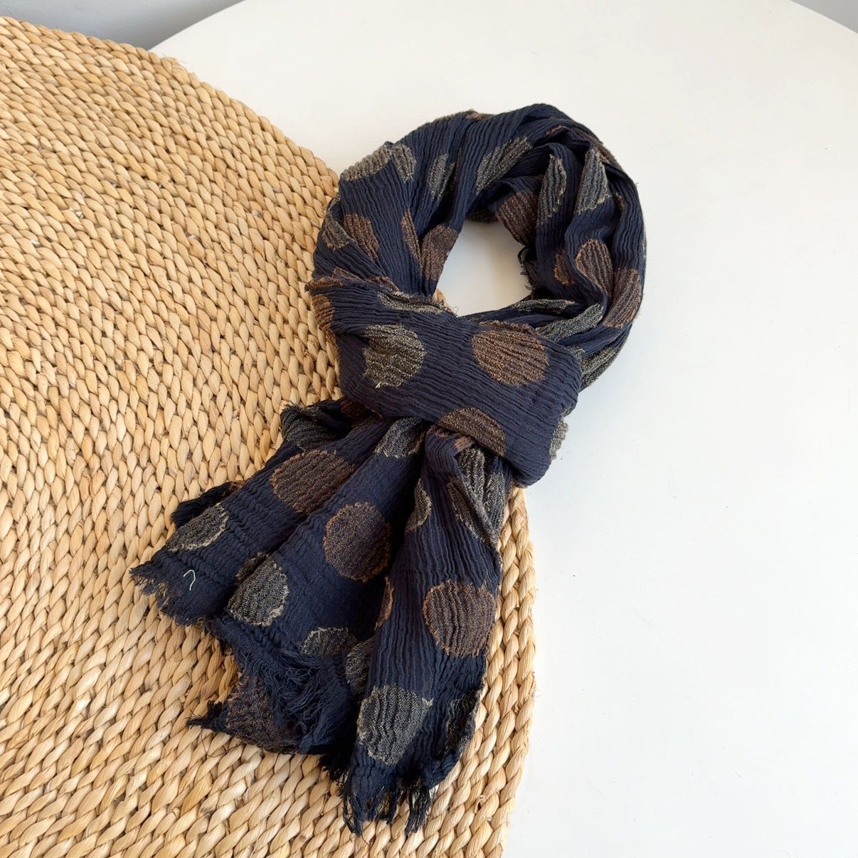 Cotton Linen Blend Jacquard Scarf Lightweight Vintage Wrinkle Shawl Spring