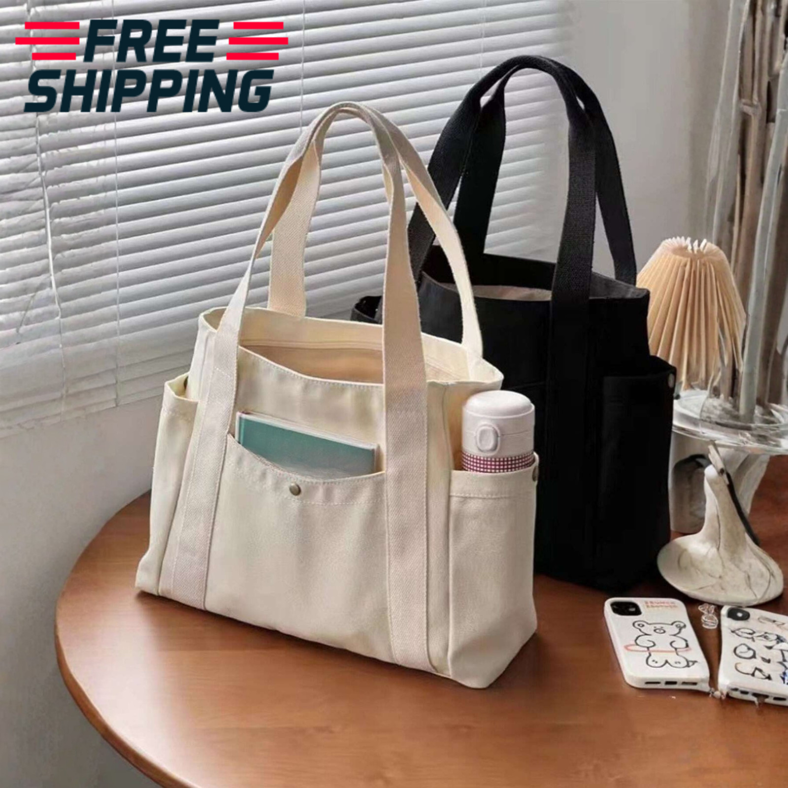 Large Capacity Canvas Tote Bag Multi-Pocket Shoulder Bag Portable Women Handbag