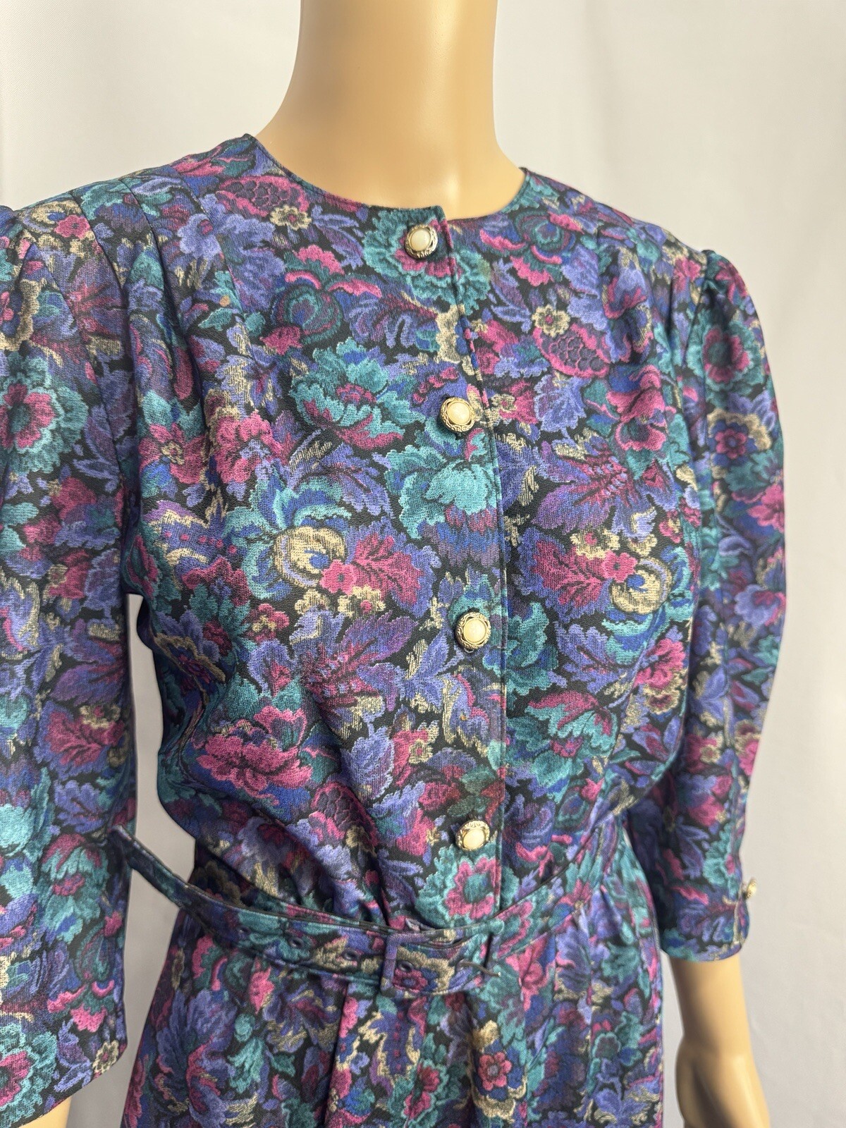 VTG 80s California Looks Floral Jacquard Belted Midi Dress Sz 10 Made USA Purple
