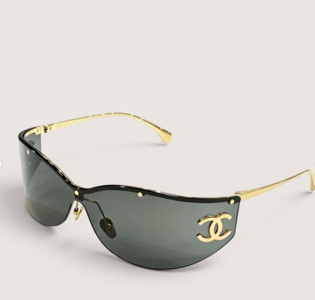 Chanel CH6058 Gold Shield Sunglasses Dark Grey Mirror Lens Large CC Logo Women