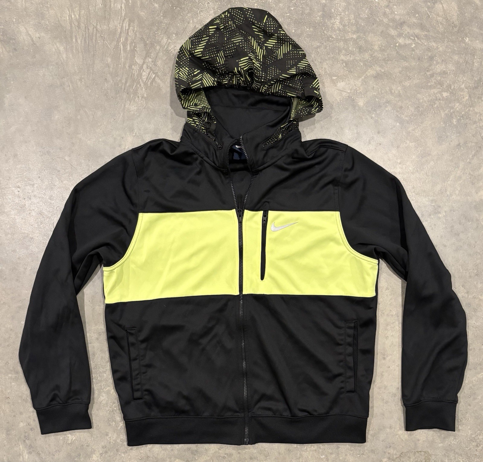 Nike Running Jacket Mens XL Black Neon Yellow Hooded Thumbholes Blue Tag