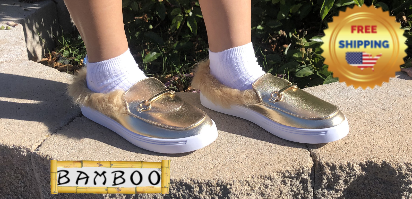 BAMBOO GRANDSLAM-39M GOLD MPU SLIP ON FAUX FUR COMFORT LOAFER SHOES ALL SIZES