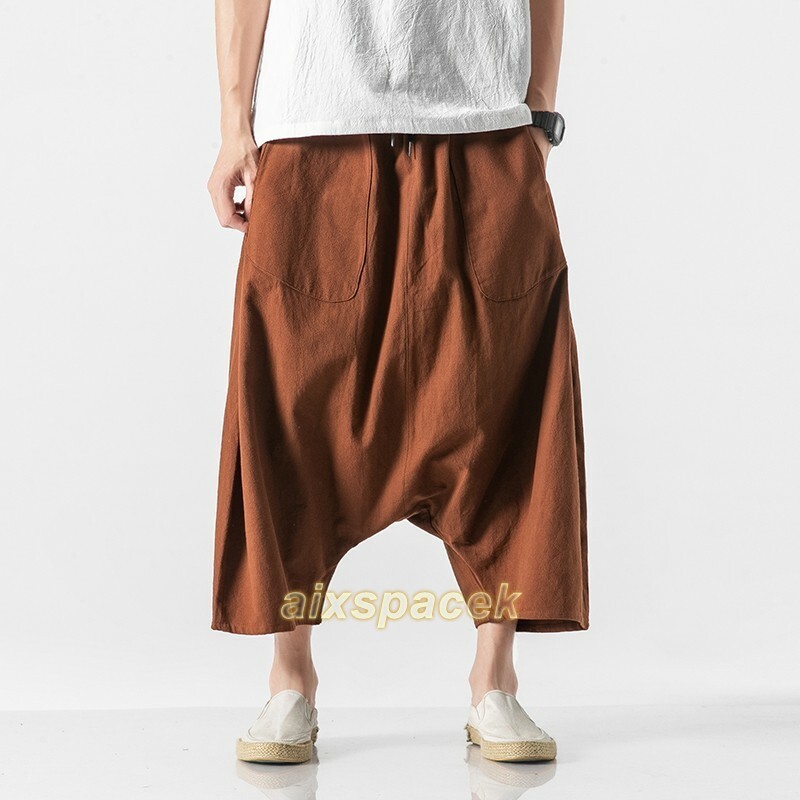 Summer Men’s Cotton Linen Drop Crotch Baggy Big Fork Pants Trouser Chinese