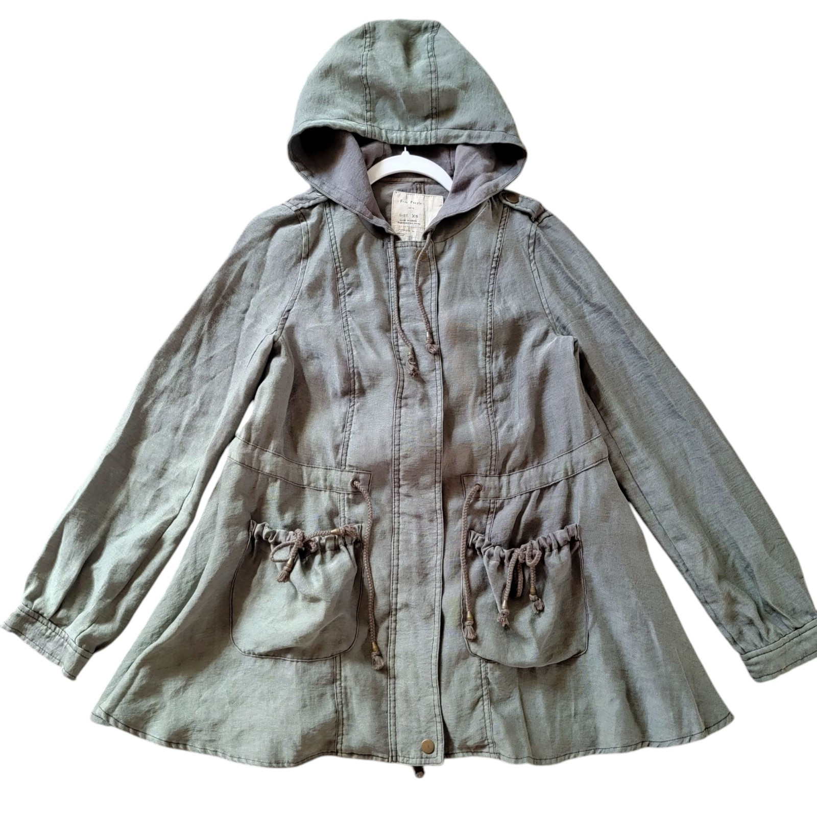 Free People Lightweight Mid Thigh Length Anorak Jacket Hoodie XS Olive Green