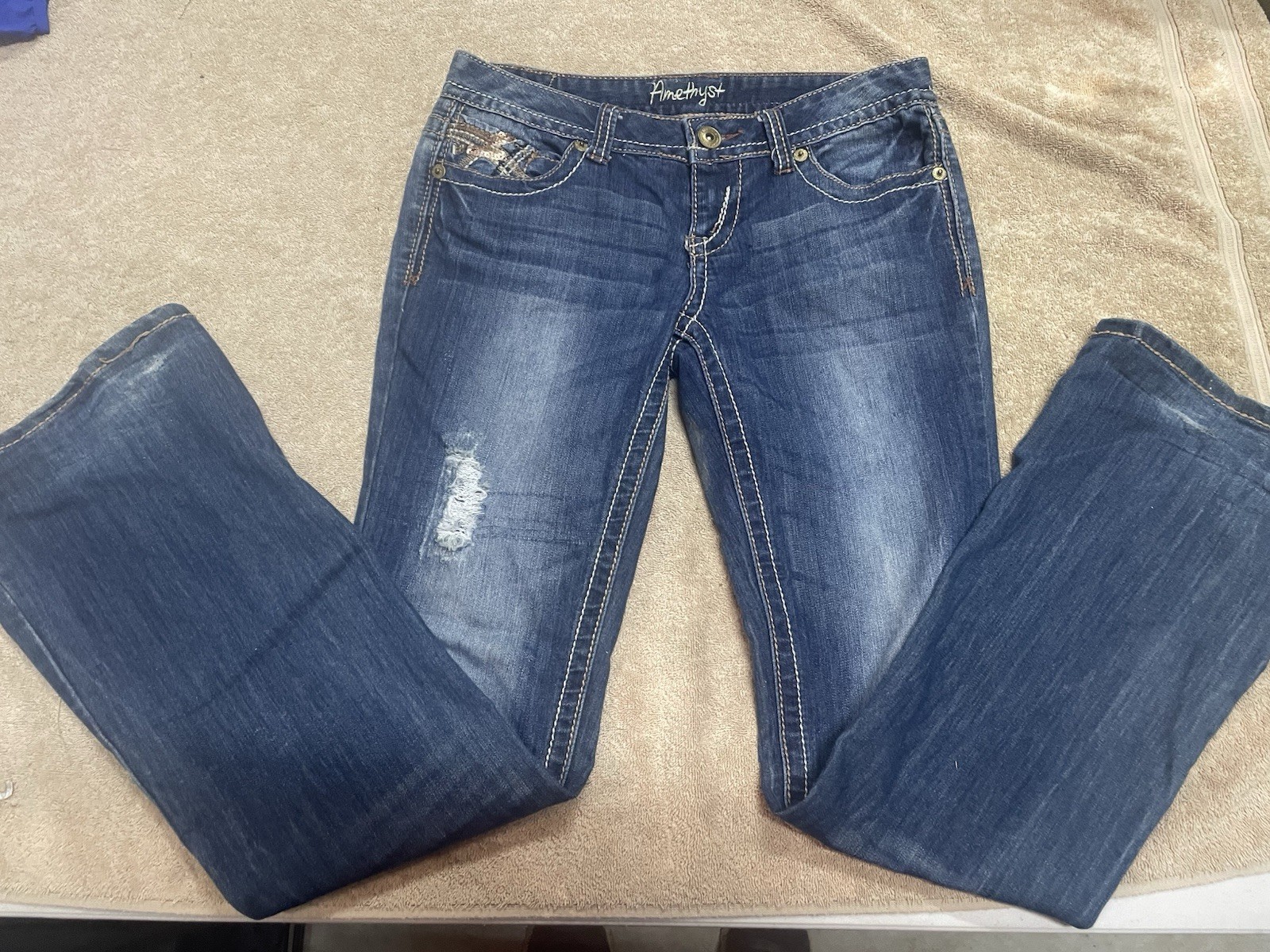 Amethyst Jeans Womans Size 7 Dark Wash Sequins Embellished Distressed