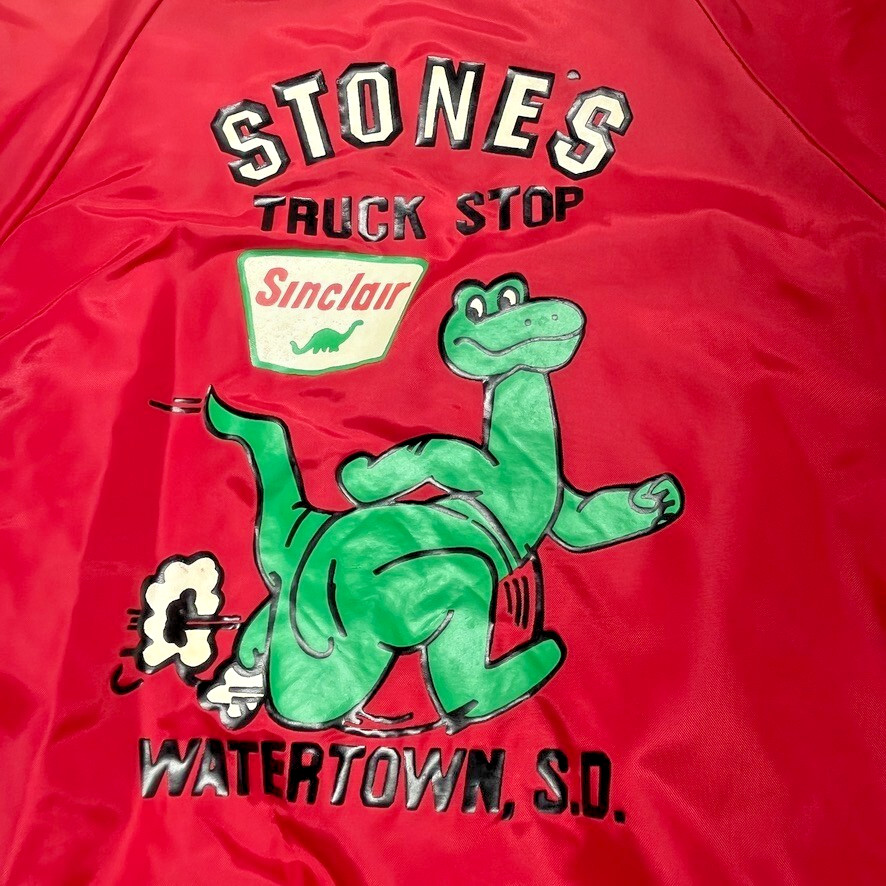 Vintage 80s Hartwell Jacket Mens Medium Red Dinosaur Truck Stop Snaps Sinclair