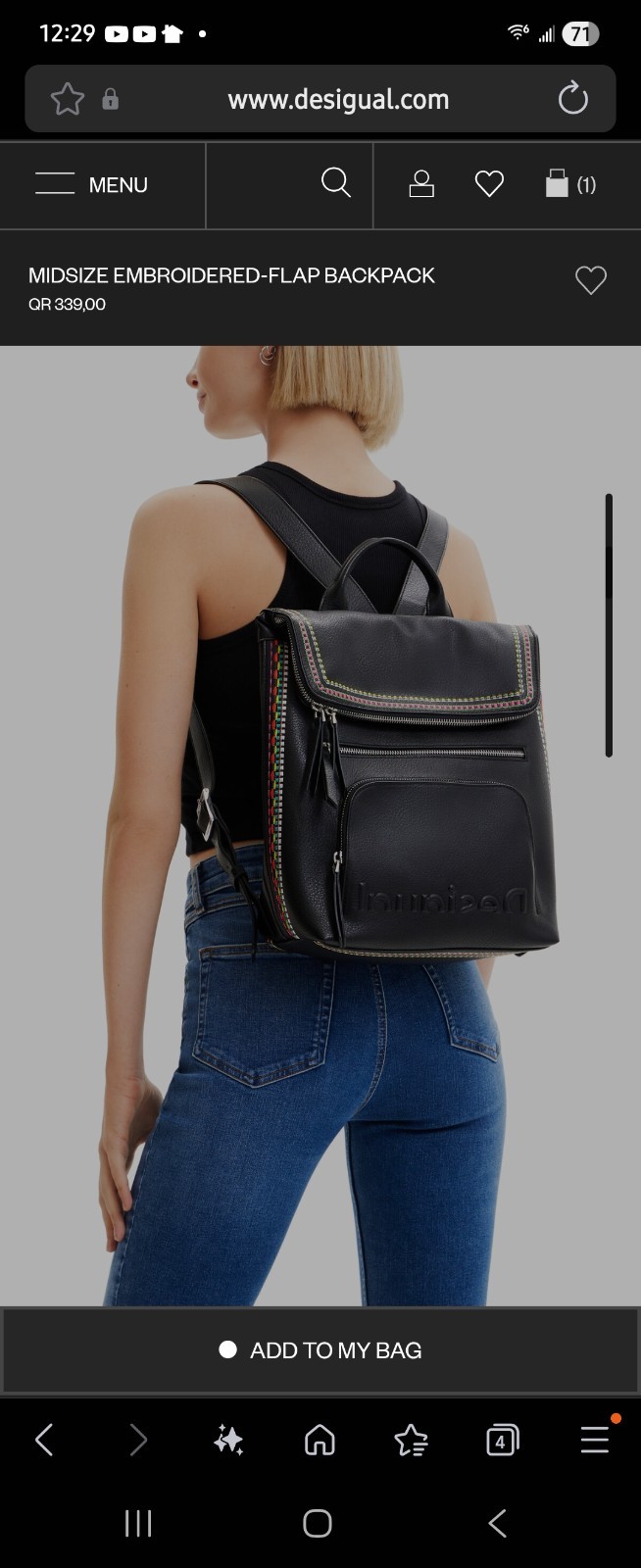 Midsize backpack,multicoloured embroidery,magnetic flap closure, zip, pockets.