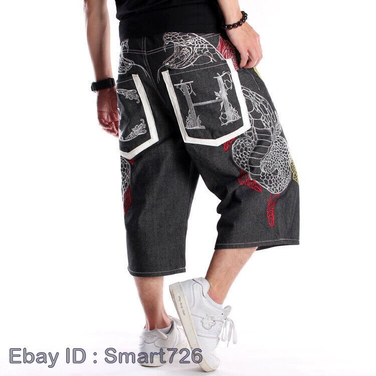 Mens Jeans Shorts Denim Pants Hip-Hop Embroidery Snake Black W30-W46