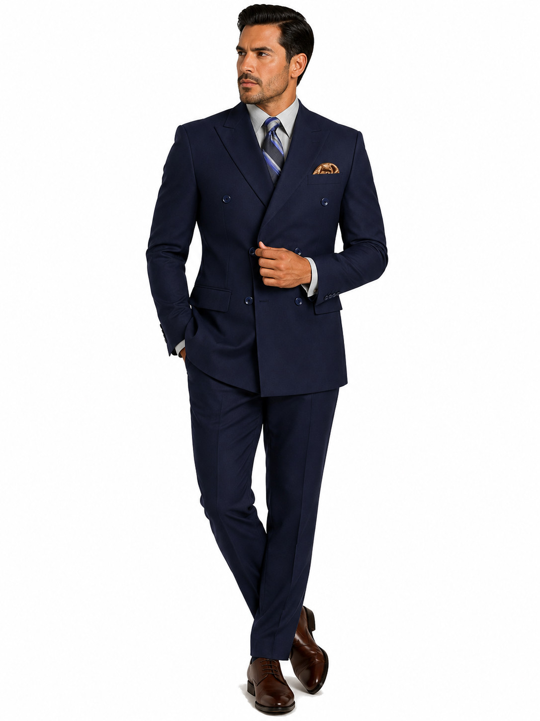 Vinci Men Navy Solid Color Double Breasted Regular Fit Suit Elastic Waist