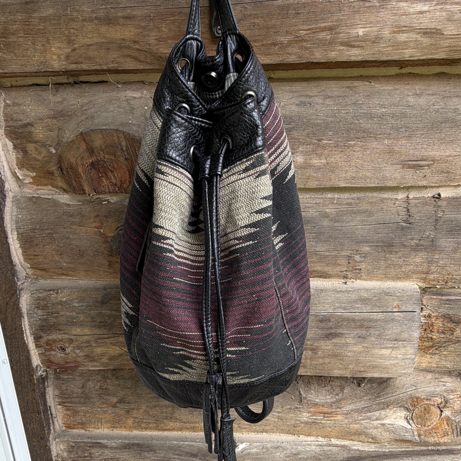 Pistil Black Multicolor Striped Bucket Backpack Drawstring Lined Inner Pockets