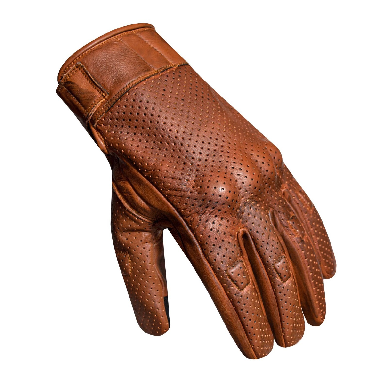 Perforated Brown Full Finger Leather Motorbike Riding Knuckle Protection Gloves
