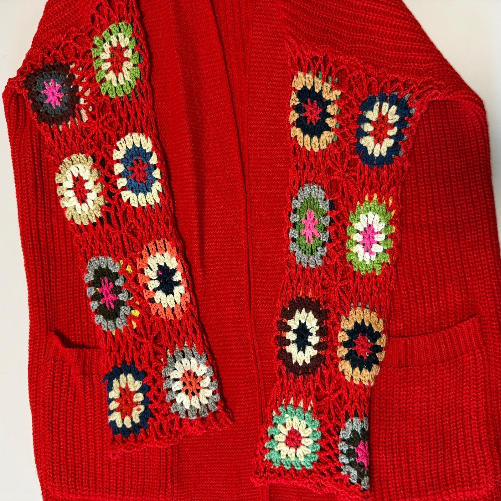 Blakeley Red Crochet Granny Square Sleeve Open Front Cardigan Sweater OS Womens