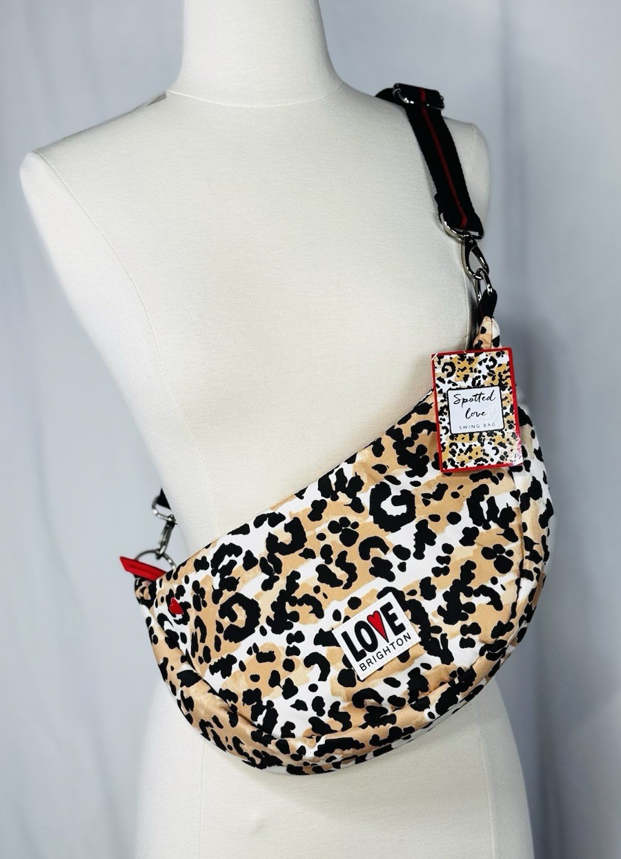 NWT Brighton Spotted Love Swing Bag Leopard Print Nylon Crossbody Crescent
