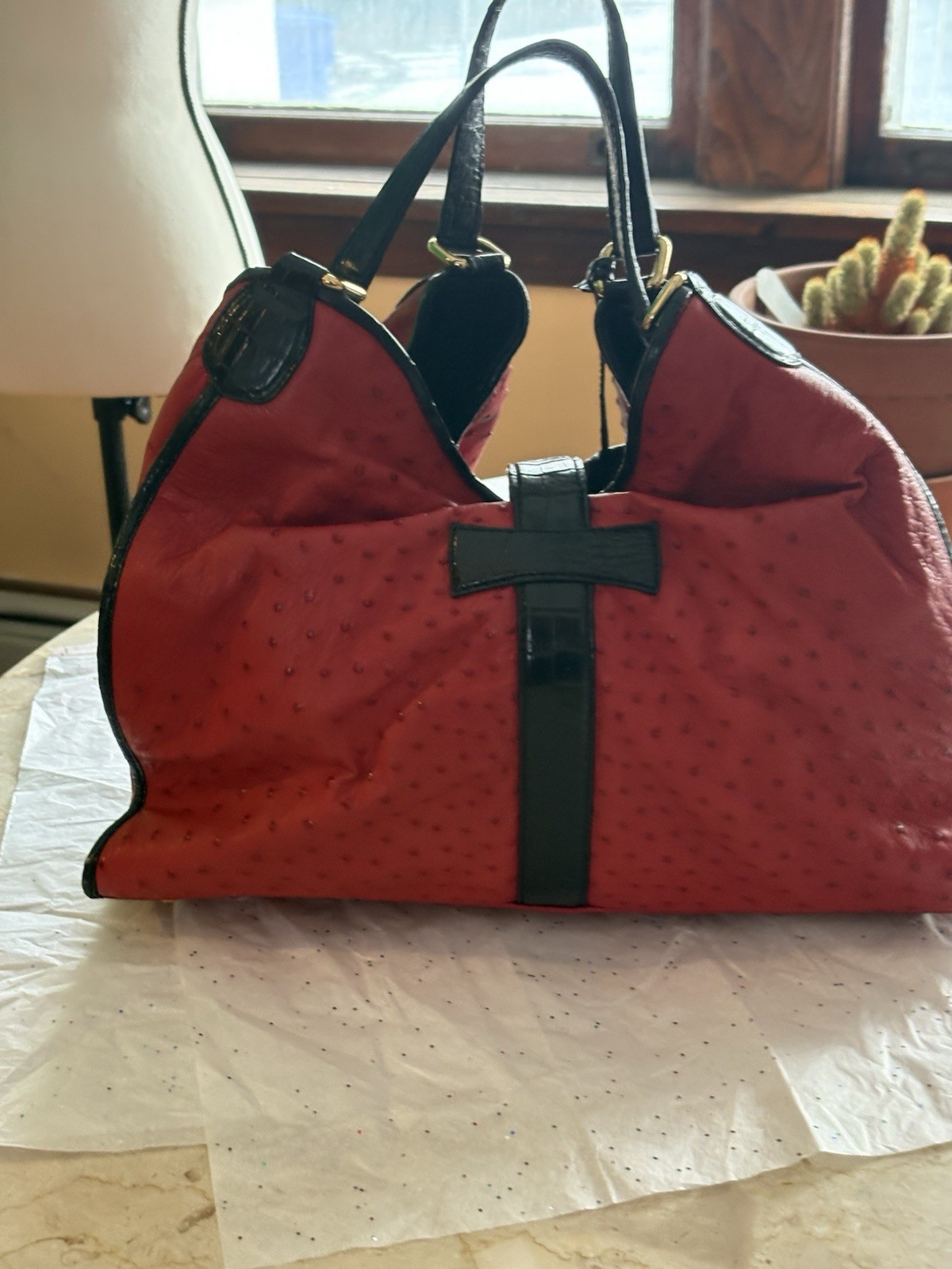Red Ostrich Crocodile Satchel Handbag, Black Alligator Trim – Custom Made in USA