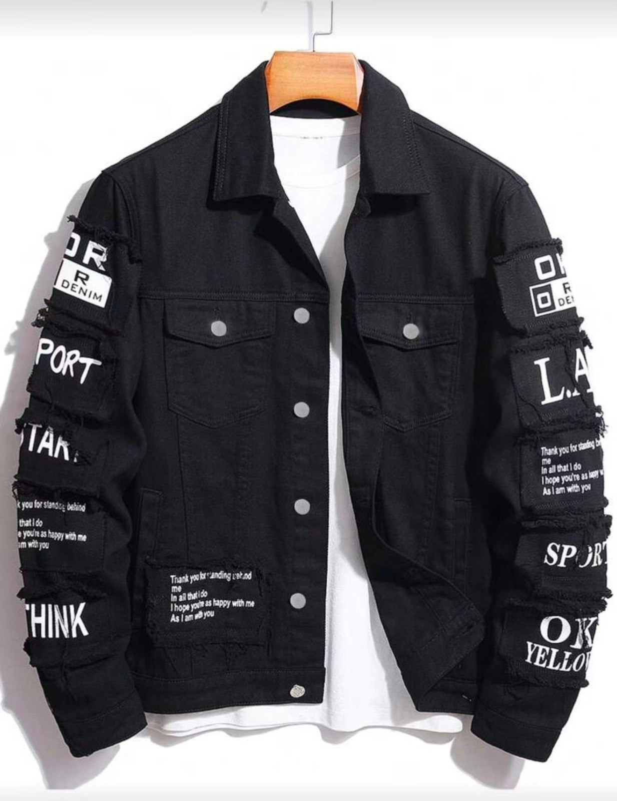 Men’s Yellow Denim Jacket Slogan Letter Print Cotton Streetwear
