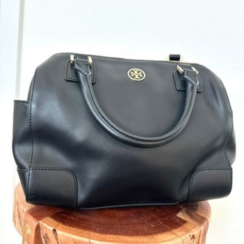 Tory Burch Robinson Black Leather Satchel Bag Gold Hardware Classic Tote