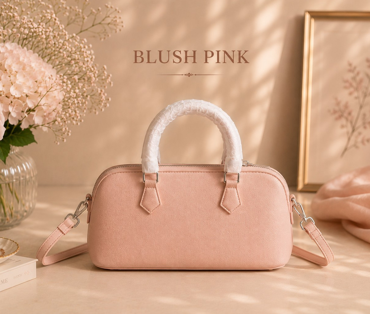 Blush Pink Small Satchel Top Handle Bag Silver Hardware Zip Detachable Strap