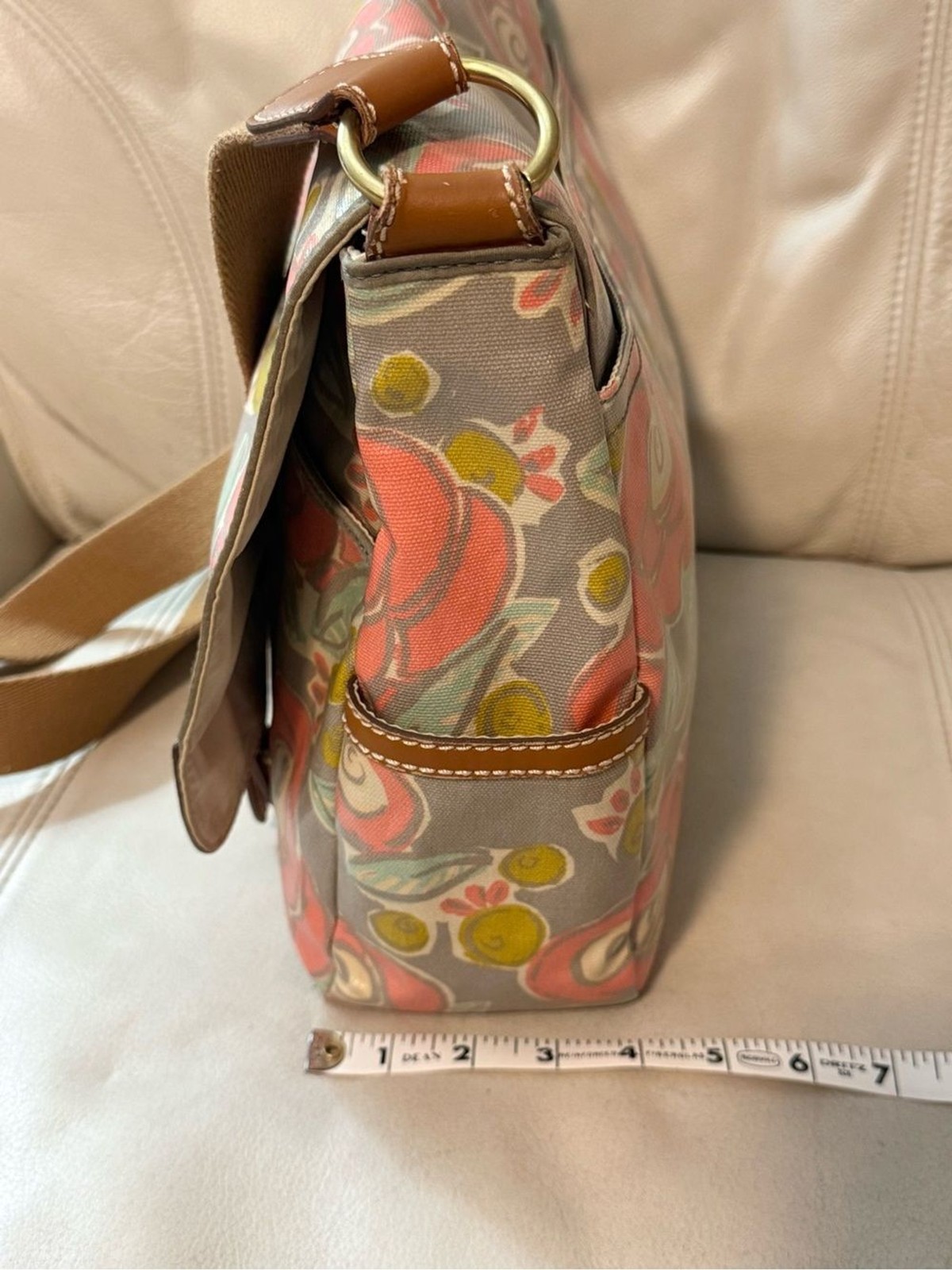 Fossil Messenger Bag Crossbody Coated Canvas Leather Trim Floral