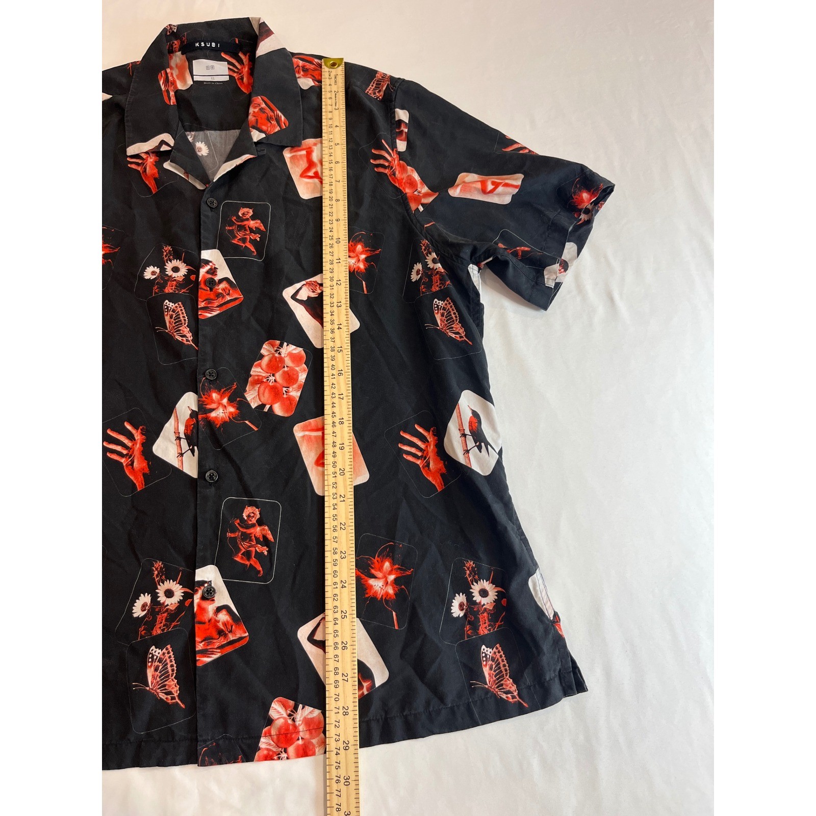 Ksubi Mens XL Black Red Graphic Print Tencel Short Sleeve Button Down Shirt