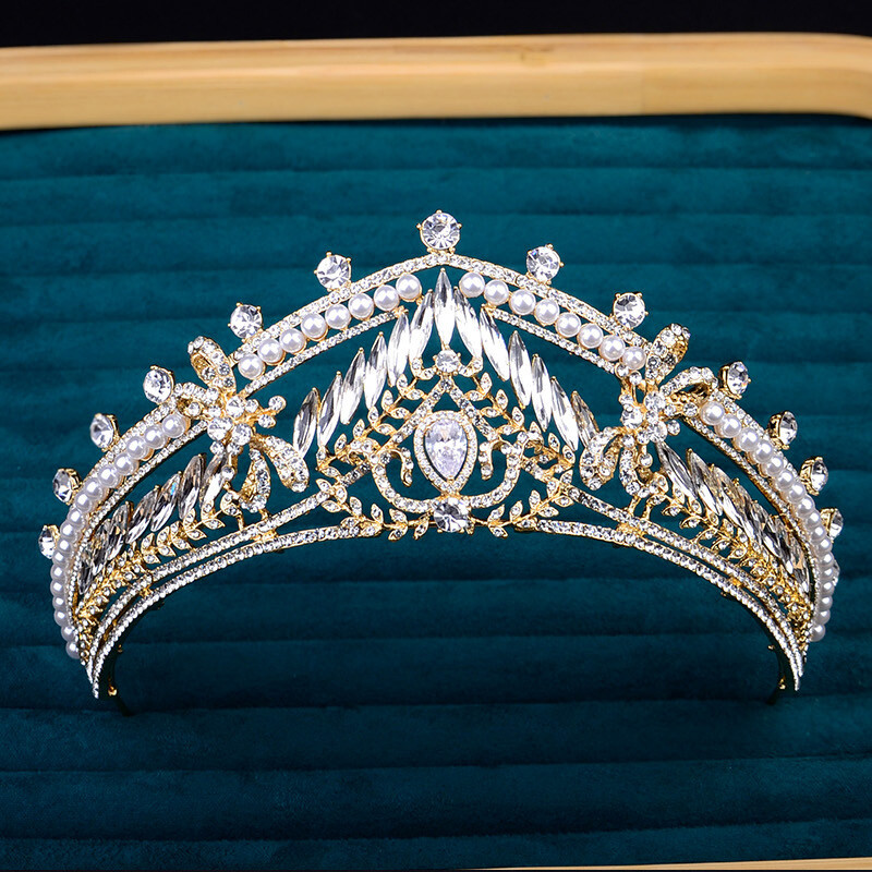 6cm Tall Gold Tiara Crown Pearl Crystal CZ Wedding Queen Princess For Women